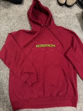 Nordstrom Maroon Hoodie with Neon Green Logo and Pink Star Accents. Size Large